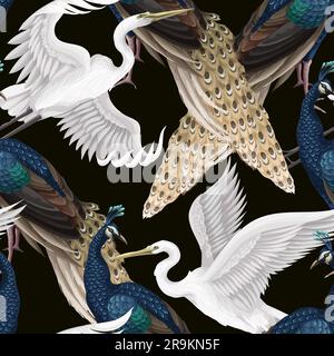 Motif sans couture avec paons et hérons. Vecteur. Illustration de Vecteur