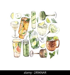 Cadre aquarelle, verres à cocktail : martini, gin, margarita, mojito, liqueur, rhum, mule de moscou. Illustration dessinée à la main isolée sur fond blanc Banque D'Images