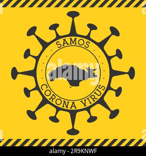 Virus Corona dans le signe de Samos. Badge rond avec forme de virus et carte de Samos. Timbre de verrouillage de l'épidemy de l'île jaune. Illustration vectorielle. Illustration de Vecteur