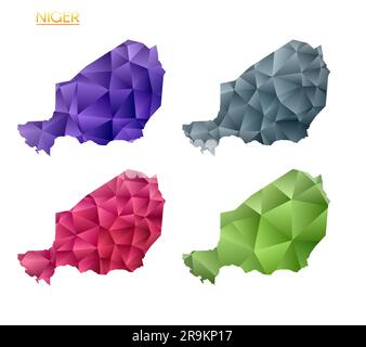 Ensemble de cartes polygonales vectorielles du Niger. Carte dégradée lumineuse du pays dans le style poly bas. Illustration de Vecteur