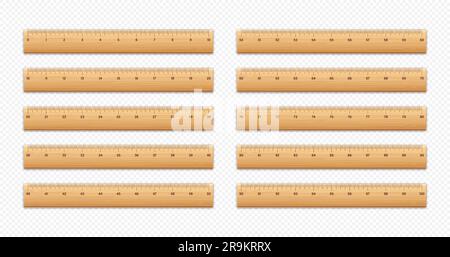 Différentes règles en bois réalistes avec échelle de mesure et divisions, marques de mesure. Règle scolaire, échelle en centimètres et en pouces pour la mesure de la longueur Illustration de Vecteur