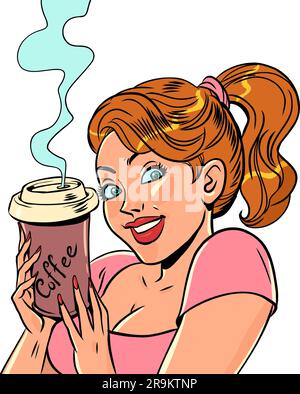 Offre délicieuse et chaude boisson. Une fille aux cheveux roux tient une tasse de café chaud dans ses mains. Illustration de Vecteur