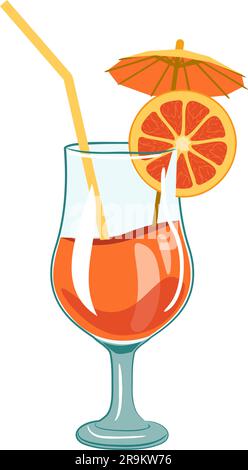 Illustration en couleur d'un verre à cocktail avec une boisson à l'orange. Illustration vectorielle de la boisson à l'orange avec un parapluie, une tranche d'orange et de la paille. Illustration de Vecteur