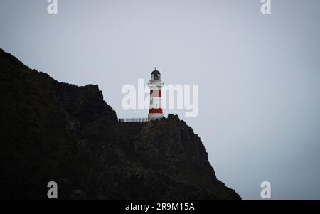 Vue panoramique sur le phare à rayures rouges et blanches perché au sommet d'une colline de falaise au bord de l'océan, Cape Palliser Wellington North Island New Zealan Banque D'Images