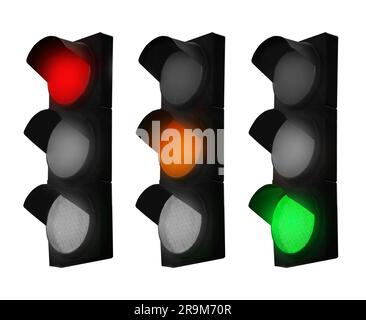 Collage des signaux de signalisation avec différents voyants lumineux (rouge, orange, vert) isolés en blanc Banque D'Images