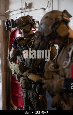 A ÉTATS-UNIS Marine avec la force de raid maritime, 31st Marine Expeditionary Unit, boucle son casque tout en préparant les opérations de parachutisme à bord du navire d'assaut amphibie USS America (LHA-6) dans la mer de Corail, 25 juin 2023. Le FRM a mené une formation PARAOPS pour actualiser et améliorer ses compétences en insertion aérienne. Le MEU de 31st opère à bord de navires du America Amphiobie Ready Group dans la zone d'opérations de la flotte de 7th pour améliorer l'interopérabilité avec les alliés et les partenaires et servir de force de réaction prête à défendre la paix et la stabilité dans la région Indo-Pacifique. (É.-U. Photo du corps marin par Banque D'Images