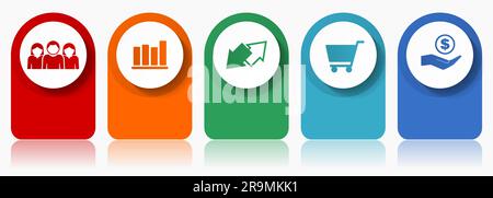 Jeu d'icônes de commerce, diverses icônes vectorielles telles que les clients, graphique, échange, panier et banque, modèle d'infographie de conception moderne, boutons Web en 5 col Illustration de Vecteur