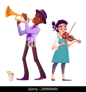 Musiciens de rue, hommes et femmes, jouant de la trompette et du violon pour recueillir de l'argent dans une coupe de papier isolée sur fond blanc. Illustration vectorielle d'un groupe de musique en métro ou sur la place de la ville Illustration de Vecteur