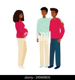 Couple gay avec femme enceinte porteuse. Deux papas. Illustration vectorielle style de dessin animé plat avec lettrage dessiné à la main. Parents adoptifs. Mères porteuses, Illustration de Vecteur