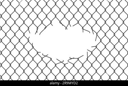 Grille de treillis métallique cassée. Clôture Rabitz ou chaînette avec trou découpé. Texture de maille de pirson de fil déchiré. Couper la grille en treillis métallique. Illustration vectorielle isolée Illustration de Vecteur