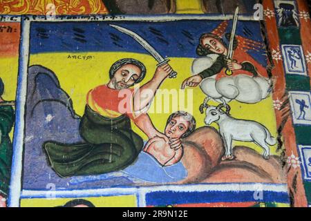 Lac Tana en Éthiopie, la péninsule de Zege, peintures murales dans l'Église chrétienne d'Ura Kedane Meheriet Banque D'Images