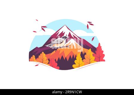 forêt d'automne de montagne avec fond de paysage oiseau en couleur plate pour icône Illustration de Vecteur