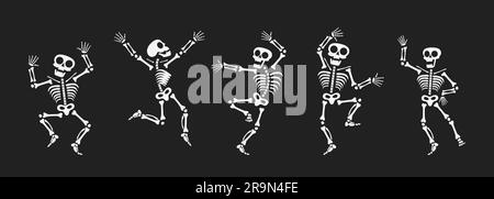 Des squelettes dansant avec différentes positions de conception de style plat ensemble d'illustrations vectorielles. Collection de danse drôle Halloween ou jour des squelettes morts. Illustration de Vecteur