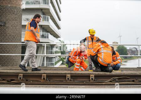 NIJMEGEN - pays-Bas, 28/06/2023, les employés inspectent le pont ferroviaire au-dessus du Waal. Pour des raisons de sécurité, aucun train ne traverse le pont ferroviaire, ce qui signifie qu'aucun trafic ferroviaire entre Arnhem et Nimègue n'est possible. ANP JEROEN JUMELET pays-bas sortie - belgique sortie Banque D'Images