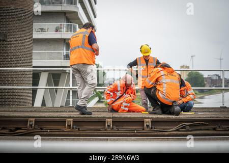 NIJMEGEN - pays-Bas, 28/06/2023, les employés inspectent le pont ferroviaire au-dessus du Waal. Pour des raisons de sécurité, aucun train ne traverse le pont ferroviaire, ce qui signifie qu'aucun trafic ferroviaire entre Arnhem et Nimègue n'est possible. ANP JEROEN JUMELET pays-bas sortie - belgique sortie Banque D'Images