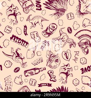 Motif pop-art rose des dinosaures, crânes, dés pour l'impression et le design. Illustration vectorielle. Illustration de Vecteur