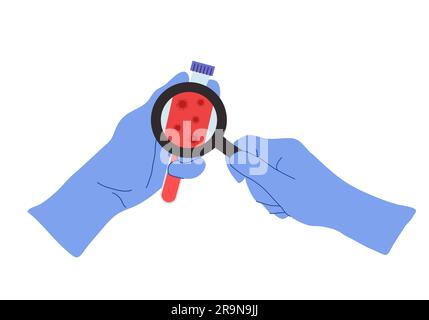 Illustration vectorielle des mains portant des gants tenant un tube à essai du coronavirus avec un échantillon de sang ou un vaccin contre le virus. Concept médical de la maladie du coronavirus 2 Illustration de Vecteur