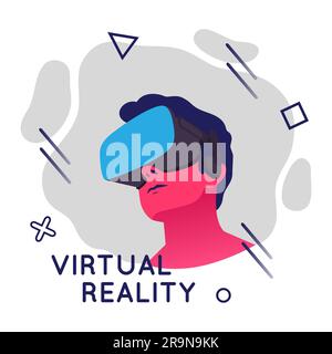 Illustration vectorielle d'un homme portant un casque de réalité virtuelle. Illustration VR moderne abstraite avec éléments géométriques de style plat Illustration de Vecteur