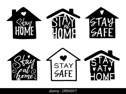 Ensemble vectoriel de maisons et rester à la maison, rester en sécurité lettrage typographie isolée sur blanc. Autocollants, affiches, icônes ou symboles de motivation tendance pour soi-même q Illustration de Vecteur