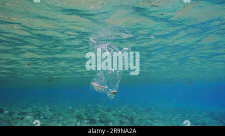 Sac en plastique flottant sous l'eau. Le sac en plastique transparent coule sous la surface de l'eau, les poissons tropicaux nagent à proximité. Pollution plastique de l'Océan, Mer Rouge Banque D'Images