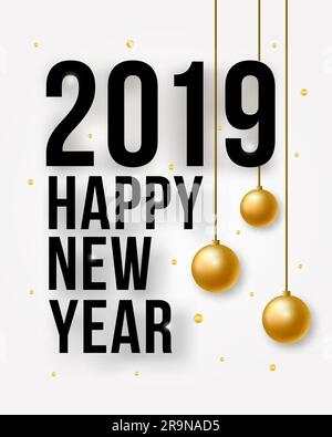 Illustration Vector Happy New Year avec 2019. Golden numéros brillants avec confettis et boules Illustration de Vecteur