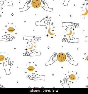 Motif vectoriel sans couture des icônes de main féminine dans un style linéaire minimal. Modèles de conception d'emblème avec gestes de main, lune, étoiles et planète pour cosmétiques Illustration de Vecteur