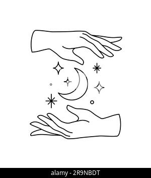 Logo Vector pour les mains des femmes, icône dans un style linéaire minimal. Modèle de conception d'emblème avec mains gestuelles tenant la lune et les étoiles pour les cosmétiques, manucure, beau Illustration de Vecteur