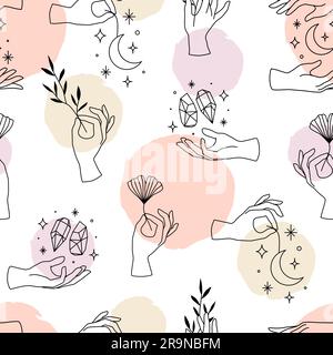Motif vectoriel sans couture des mains de femmes dans un style linéaire minimal. Arrière-plan avec gestes de la main, cristaux, feuille de ginkgo, lune et étoiles pour les cosmétiques, m Illustration de Vecteur