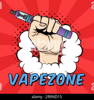 Illustration de la zone de forme vectorielle avec outil électrique de maintien manuel pour le vapotage. Icône de vapeur, cigarette électrique, vaporisateur. Style BD. Illustration de Vecteur