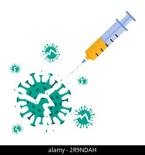 Illustration vectorielle du coronavirus détruit par injection d'une seringue médicale. Explosion d'un virus cassé vaincu isolé sur fond blanc. Concept Illustration de Vecteur