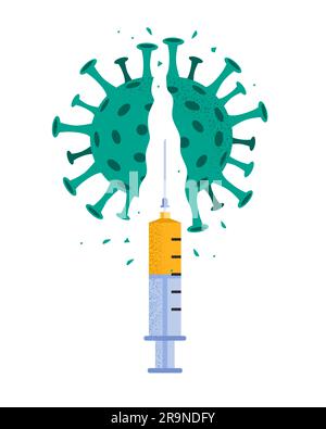 Illustration vectorielle du coronavirus détruit par injection d'une seringue médicale. Explosion d'un virus cassé vaincu isolé sur fond blanc. Concept Illustration de Vecteur