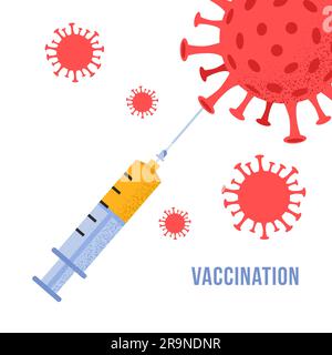 Illustration vectorielle du coronavirus détruit par injection d'une seringue médicale. Concept de vaccination covid-19 isolé sur fond blanc. Victoire v Illustration de Vecteur