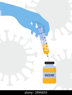 Illustration vectorielle de la main du médecin avec un gant médical tenant une seringue et prenant le vaccin COVID-19 du flacon. Concept de vaccination coronavirus sur b Illustration de Vecteur