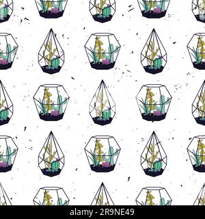 Motif vectoriel coloré dessiné à la main sans couture avec des cactus et des succents en terrariums sur texture grunge. Design scandinave moderne Illustration de Vecteur