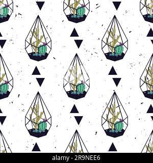 Motif vectoriel coloré dessiné à la main sans couture avec des triangles, des cactus et des succents en terrariums sur texture grunge. Design scandinave moderne Illustration de Vecteur