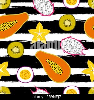 Motif vectoriel tropical sans couture avec rayures et fruits exotiques tranchés : papaye, kiwi, pitaya, carambola, fruit de la passion. Design été tendance pour texti Illustration de Vecteur
