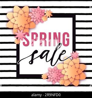 Poster abstrait Vector Spring sale avec fleurs coupées en papier, cadre et lettrage sur fond rayé. Illustration de design tendance avec promotion à prix réduit Illustration de Vecteur