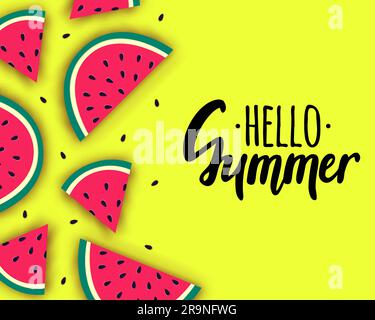 Vector Hello Summer fond avec des tranches de pastèque mûres juteuses et coupées en papier. Illustration des aliments sains. Illustration de Vecteur