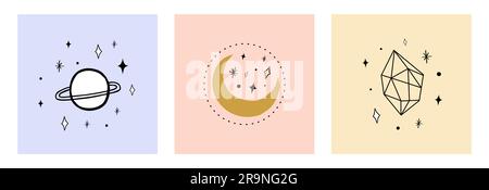 Collection vectorielle de cartes mystiques et mystérieuses de style dessiné à la main. Objets spatiaux, boule magique, cristaux. Illustrations minimalistes pour logo, embl Illustration de Vecteur