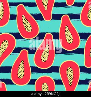 Motif vectoriel tropical sans couture avec papaye, tranches de fruits et rayures. Design tendance de l'été pour le textile, l'affiche, la bannière, l'impression Illustration de Vecteur