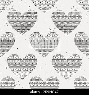 Motif vectoriel monochrome sans couture avec coeurs ethniques. Peut être utilisé pour la Saint-Valentin, l'anniversaire ou le mariage. Style boho moderne. Motif tribal. Illustration de Vecteur