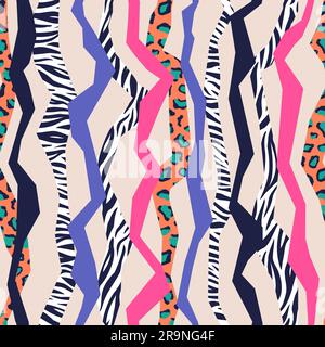 Motif géométrique sans coutures en zèbre vectoriel et léopard avec rayures. Imprimé animal tendance coloré Illustration de Vecteur