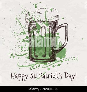 Illustration vectorielle colorée d'un croquis dessiné à la main d'une tasse à bière pour St. Patrick's Day avec une touche d'aquarelle verte Illustration de Vecteur