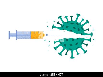 Illustration vectorielle du coronavirus détruit par injection d'une seringue médicale. Explosion d'un virus cassé vaincu isolé sur fond blanc. Concept Illustration de Vecteur