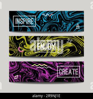 Ensemble vectoriel avec banderoles en marbre dessinées à la main à l'encre aquarelle. Arrière-plans abstraits texturés créatifs Illustration de Vecteur