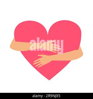 Illustration vectorielle des mains qui embrassent le cœur isolé sur un fond blanc. Symbole ou concept de l'amour, de la charité, de l'amour vous-même, Saint-Valentin, bénévole Illustration de Vecteur