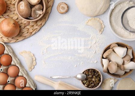 Processus de fabrication de boulettes (valenyky) avec des champignons. Cadre composé d'ingrédients sur une table blanche, plat. Espace pour le texte Banque D'Images