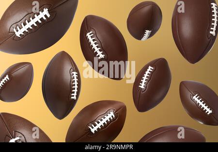 Balles de football américain en cuir tombant sur fond dégradé or Banque D'Images