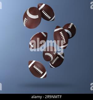 Boules de football américain en cuir tombant sur fond de dégradé bleu acier Banque D'Images