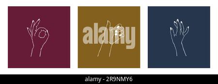 Ensemble vectoriel de cartes avec différents gestes isolés. Collection de mains de femmes dans différentes positions pour le logo, l'emblème, la marque Illustration de Vecteur